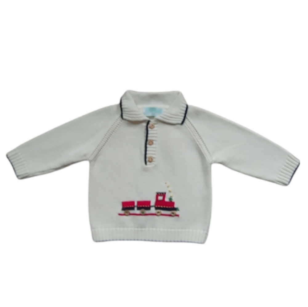 Grandma Nes Ivory Holiday Embroidered Train Button Sweater Size 3